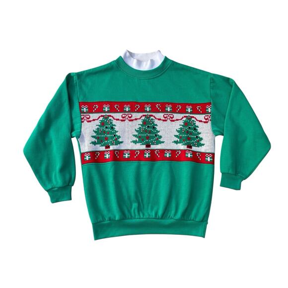 Vintage 80’s Ugly Christmas Sweater Sweatshirt Knit Panel Christmas Trees Medium - Picture 1 of 6